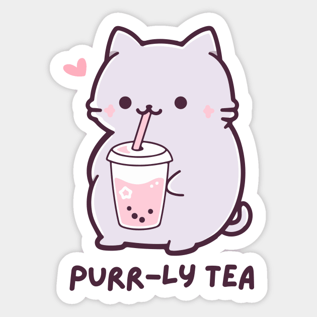 Purr-ly Tea - Funny Boba Cat Milk Tea - Purple - Strawberry Bubble Tea Sticker by TeeTopiaNovelty